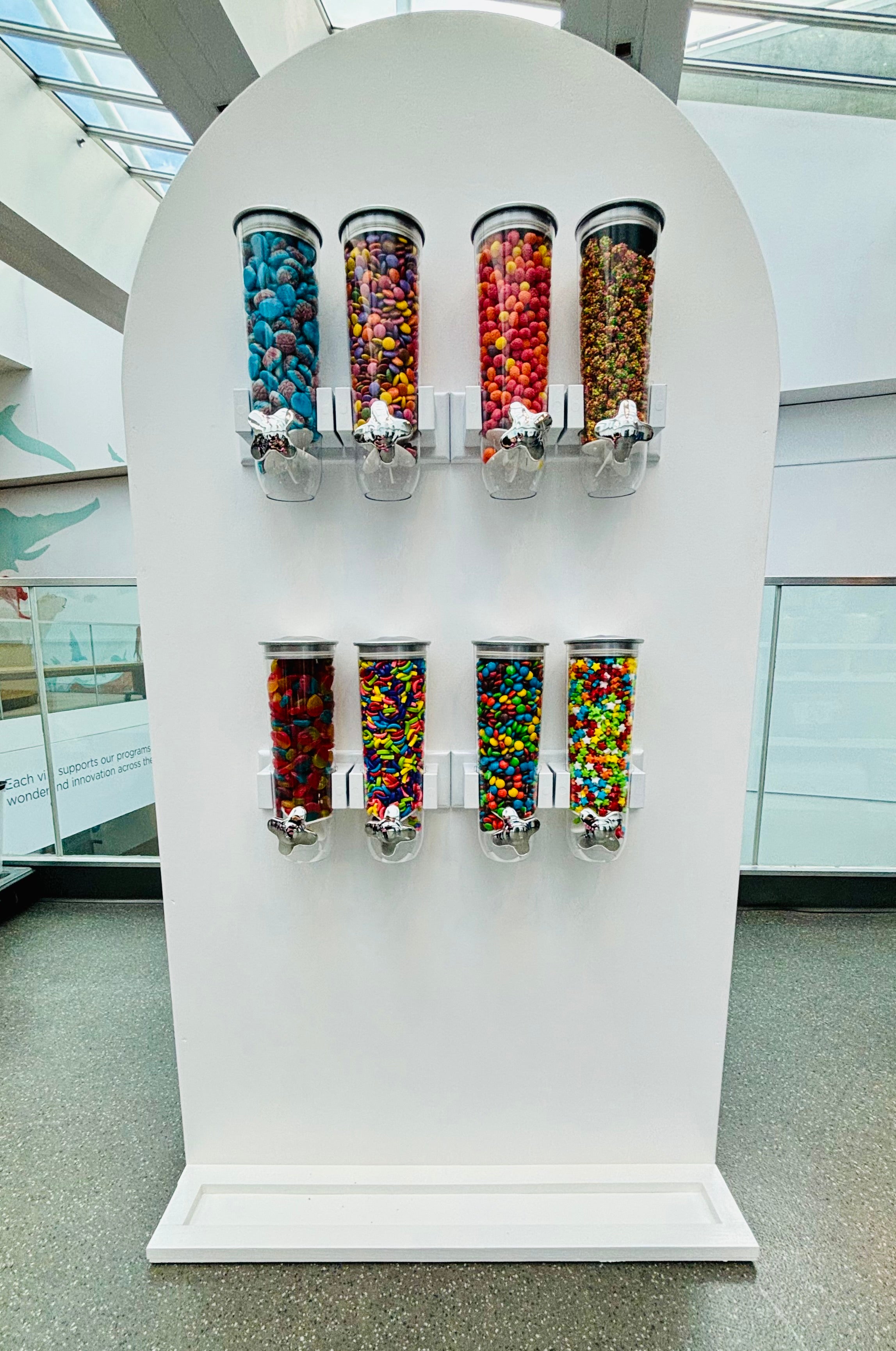 Candy wall with candy dispensers candy bar